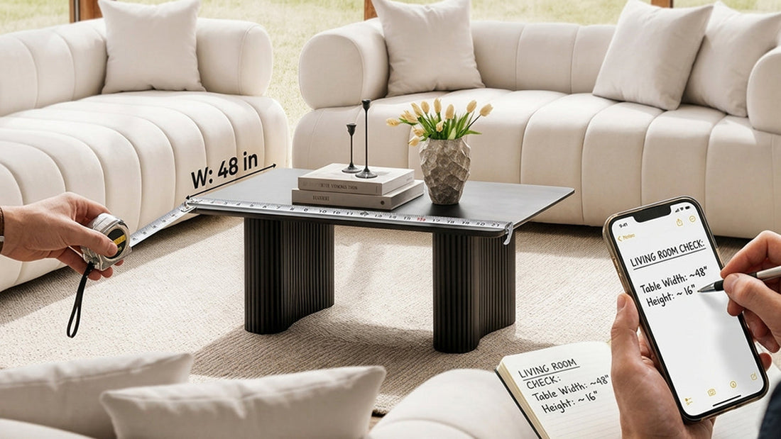 Close-up of hands logging coffee table measurements into a notebook and phone, with a modern textured plinth base table styled with yellow tulips.