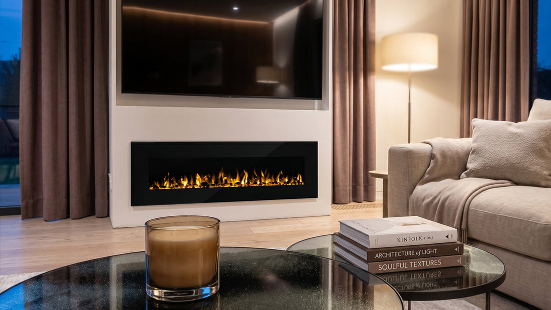 Built-in electric fireplace with TV above in cosy living room
