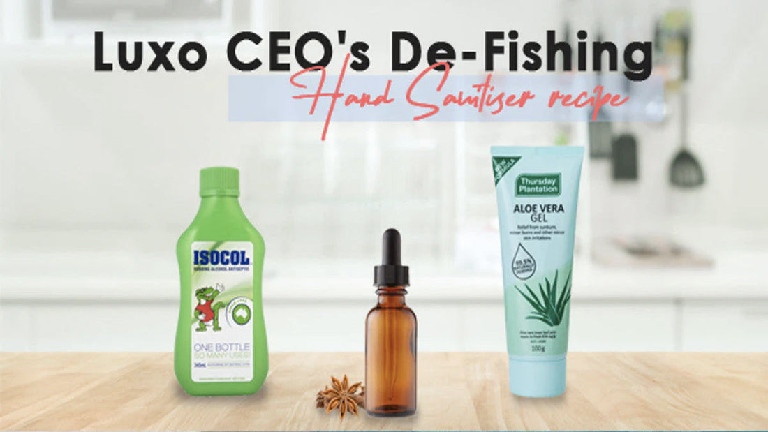 Ingredients for a DIY hand sanitizer recipe to effectively remove fish odor, including Isocol rubbing alcohol, a dropper bottle, and Aloe Vera Gel.