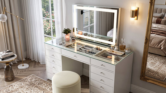 White makeup vanity with LED mirror, glass top and storage drawers