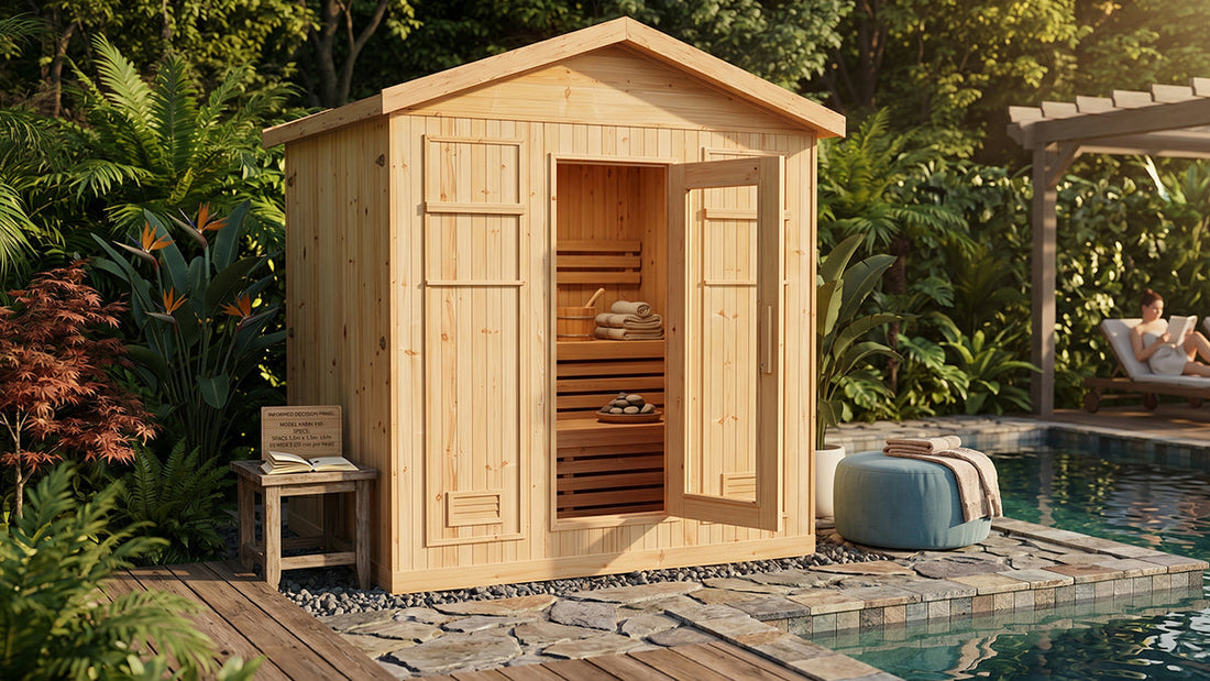 Timber outdoor sauna beside pool in tropical backyard setting