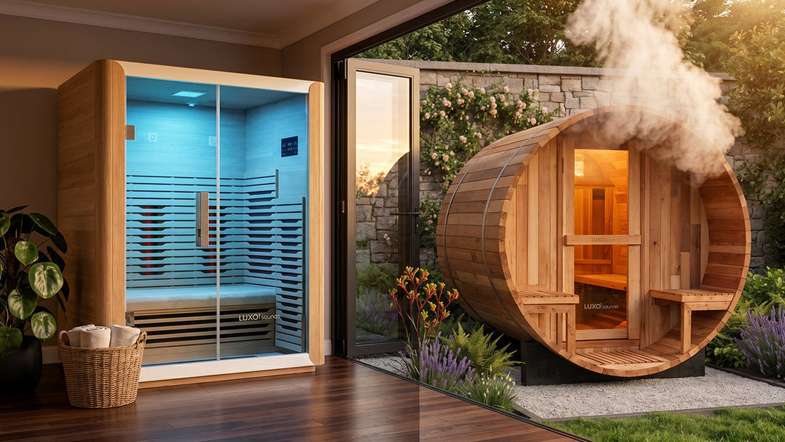 Indoor infrared sauna and outdoor barrel sauna in home setting