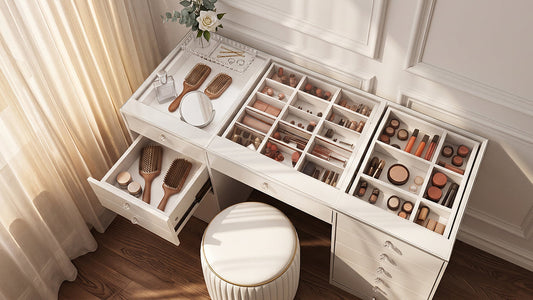 White makeup vanity with organised beauty storage and stool