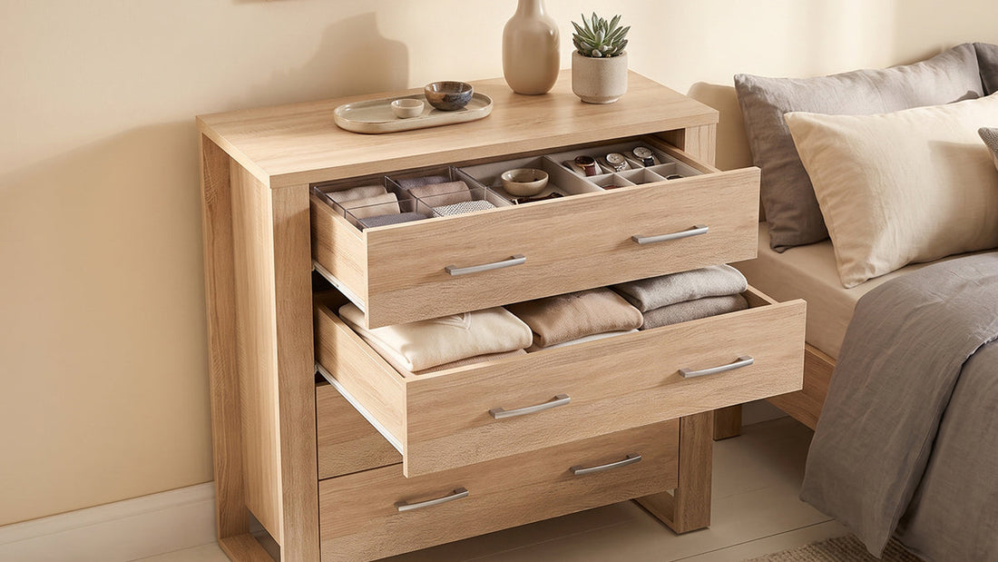 Light oak chest of drawers with open drawers showing organised clothes and accessories