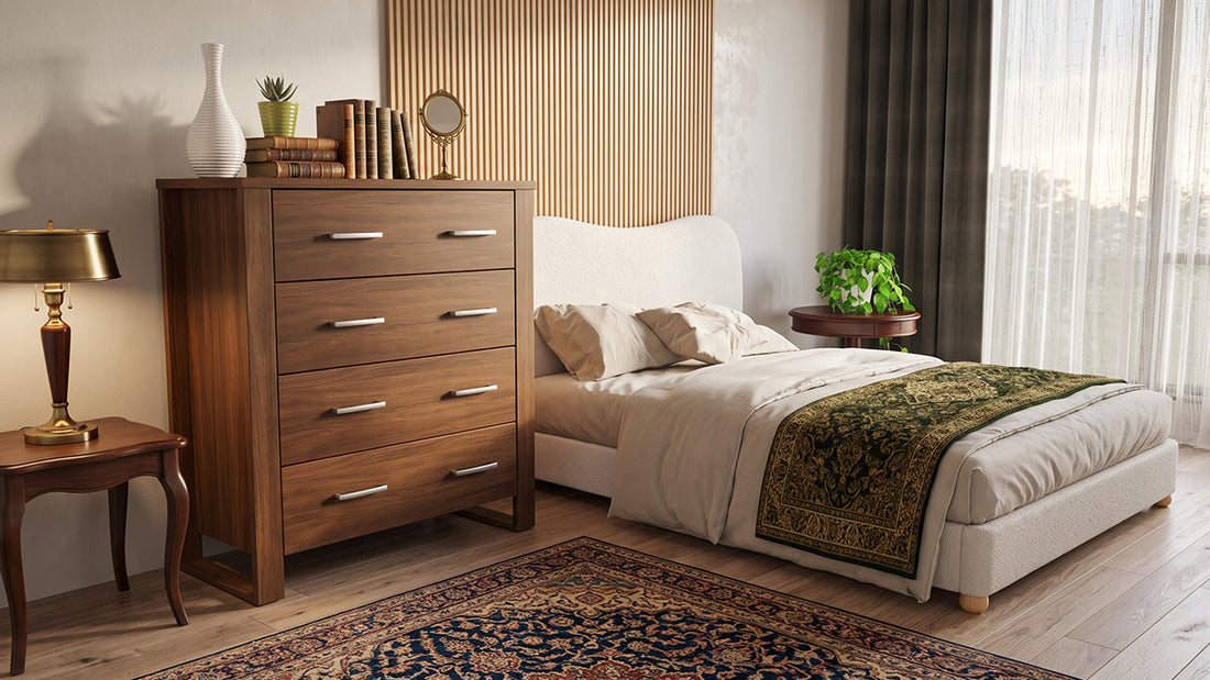 Bedroom with timber chest of drawers and cream upholstered bed