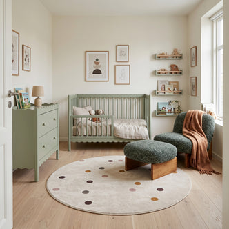 A sage green nursery featuring a matching scalloped-edge dresser and crib, a dark textured armchair with ottoman, and a round rug with scattered polka dots.