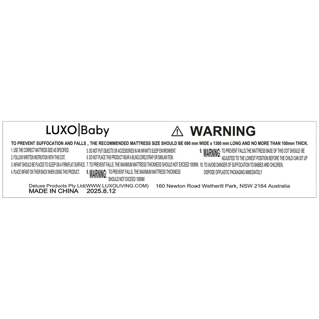 Eudora Classic Solid Wood Baby Cot in White with safety label detailing mattress size, usage instructions, and warnings. Features solid pine construction, adjustable base, and compliance with safety standards.