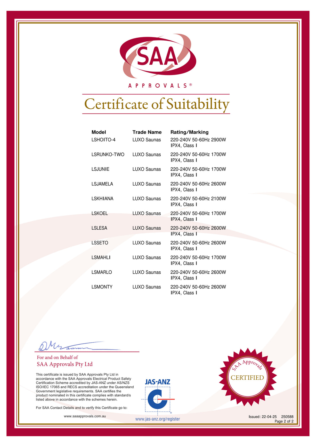 Runko 2-Person Full Spectrum Infrared Sauna with Floor Heaters. Features model codes, electrical ratings, IP classification, authorized signature, seal, and issuance details from SAA Approvals Certificate of Suitability.