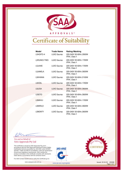 Runko 2-Person Full Spectrum Infrared Sauna with Floor Heaters. Features model codes, electrical ratings, IP classification, authorized signature, seal, and issuance details from SAA Approvals Certificate of Suitability.
