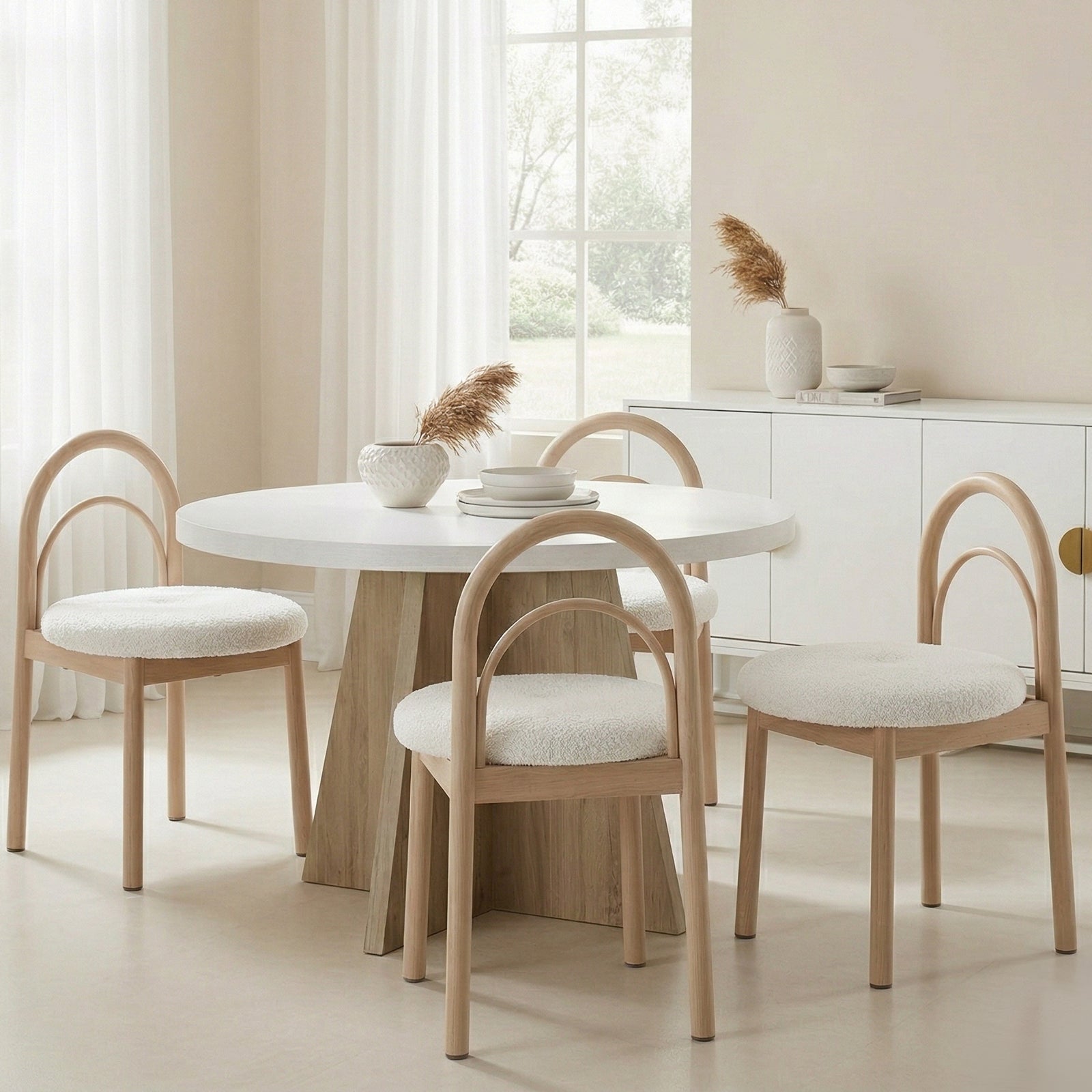 Modern round white dining table with a wooden base, surrounded by four light wood dining chairs with arched backs and white textured seats.