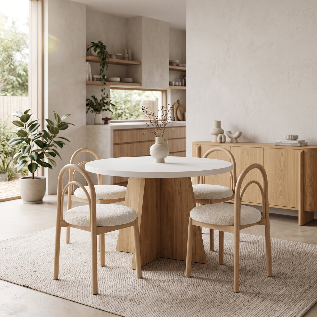 Modern neutral-toned Airbnb dining space featuring a round white-topped dining table with a chunky wooden pillar base, surrounded by four light wood chairs with curved arch backs and cream bouclé upholstered seats, set on a textured rug against a backdrop of light wood cabinetry and indoor greenery.