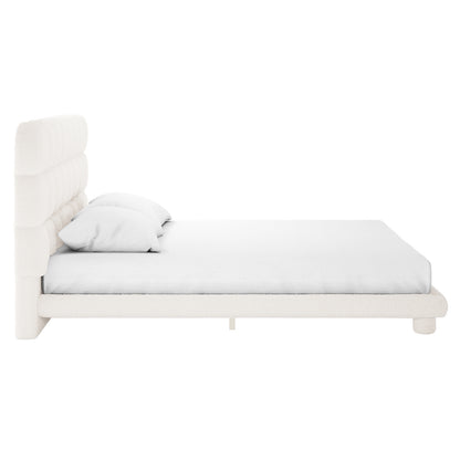 Aina King Boucle Bed Frame in Cream White, featuring a padded, tufted headboard and minimalist design with short legs, showcases elegance and comfort, ideal for enhancing a master bedroom's luxury.