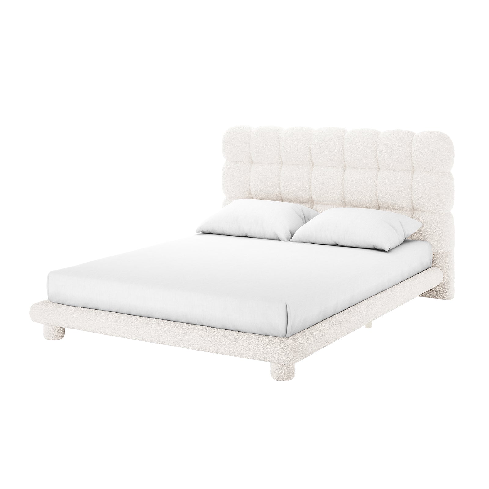 Aina Queen Boucle Bed Frame in Cream White, featuring a grid-tufted headboard, soft white bouclé upholstery, simple rectangular frame, short rounded legs, dressed with fitted white sheet and matching pillows.