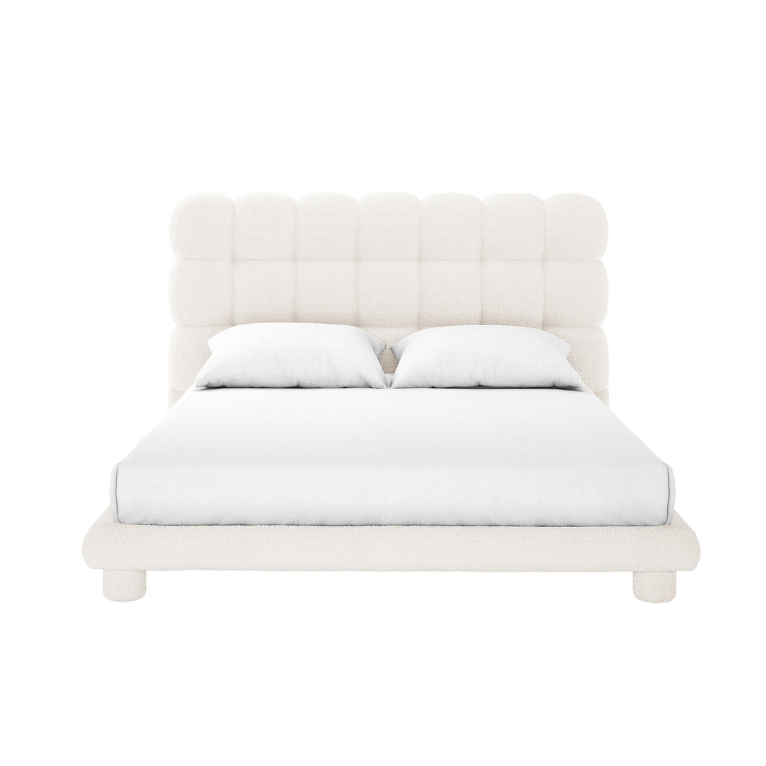 Aina Queen Boucle Bed Frame in Cream White, featuring a modern low-profile design with a padded grid-style headboard, upholstered in soft fabric, complete with matching mattress and pillows, supported by short cylindrical feet.