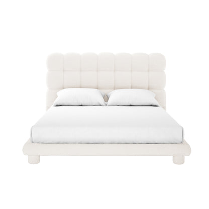 Aina Queen Boucle Bed Frame in Cream White, featuring a modern low-profile design with a padded grid-style headboard, upholstered in soft fabric, complete with matching mattress and pillows, supported by short cylindrical feet.