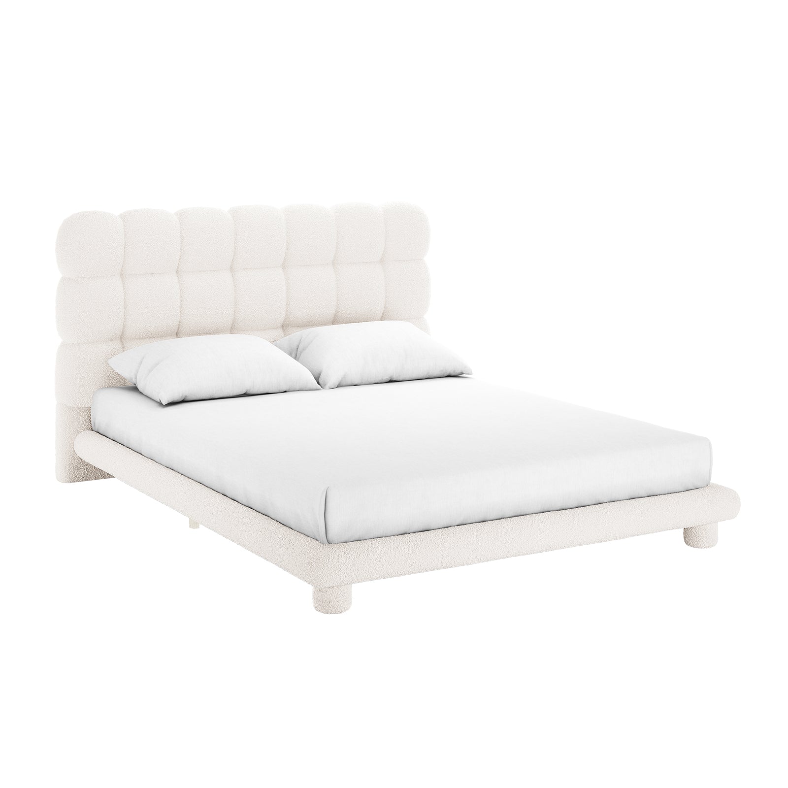 Aina Queen Boucle Bed Frame in Cream White, featuring a low-profile design with an ivory upholstered platform, tufted square block headboard, simple frame with rounded feet, and matching fitted sheet and pillows.