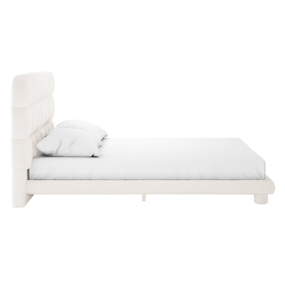 Aina Queen Boucle Bed Frame in Cream White features a plush, vertically tufted headboard, matching platform base, and simple white pillows, offering a modern, elegant design ideal for contemporary bedrooms.