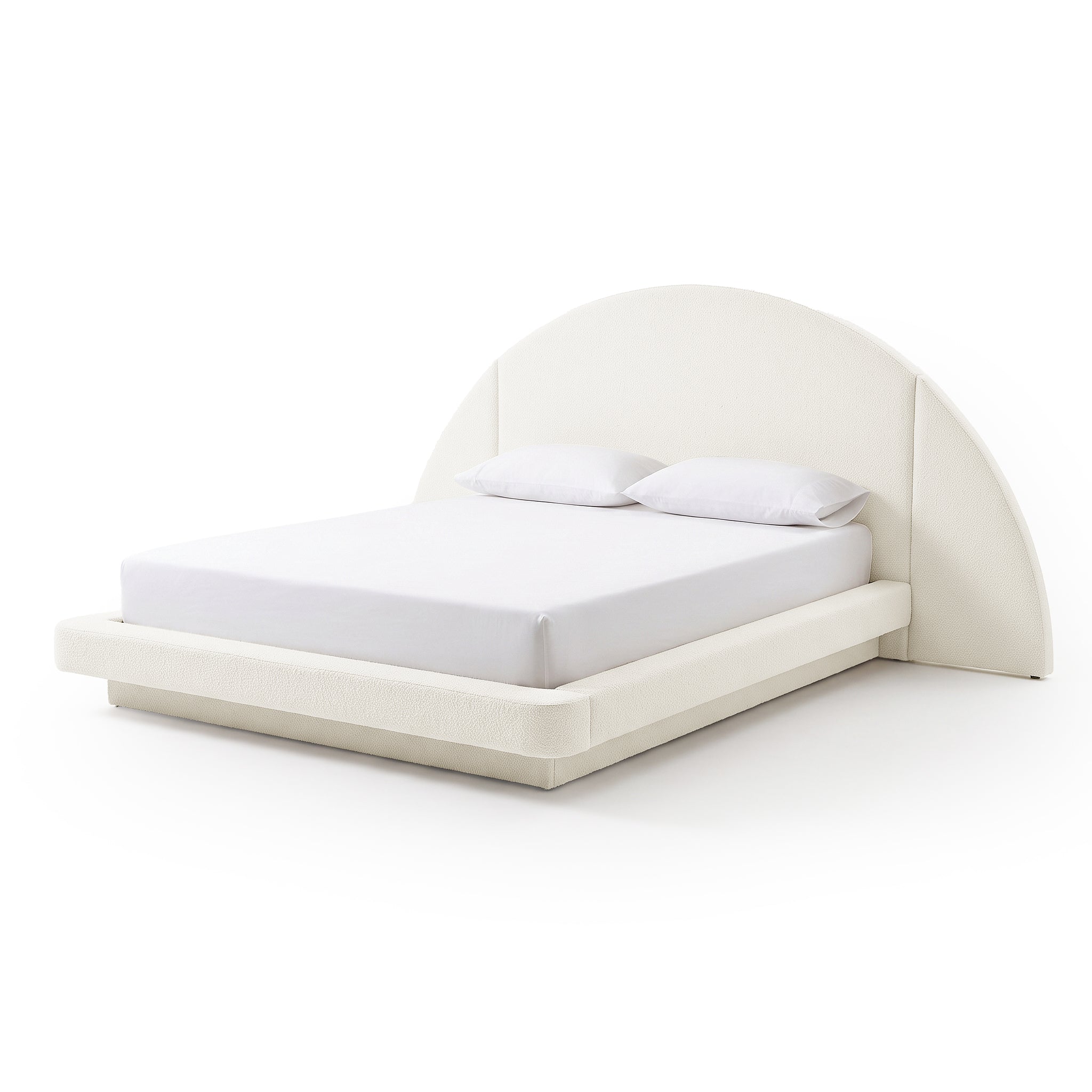 Modern upholstered bed with semi-circular headboard on a white background