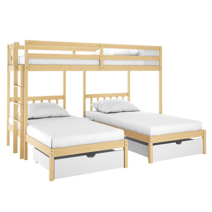 Aristos Triple Bunk Bed with Side Table in White & Natural shows a light-wood frame with a top bunk, two lower single beds, pull-out storage drawers, built-in ladder, and safety guard rail.