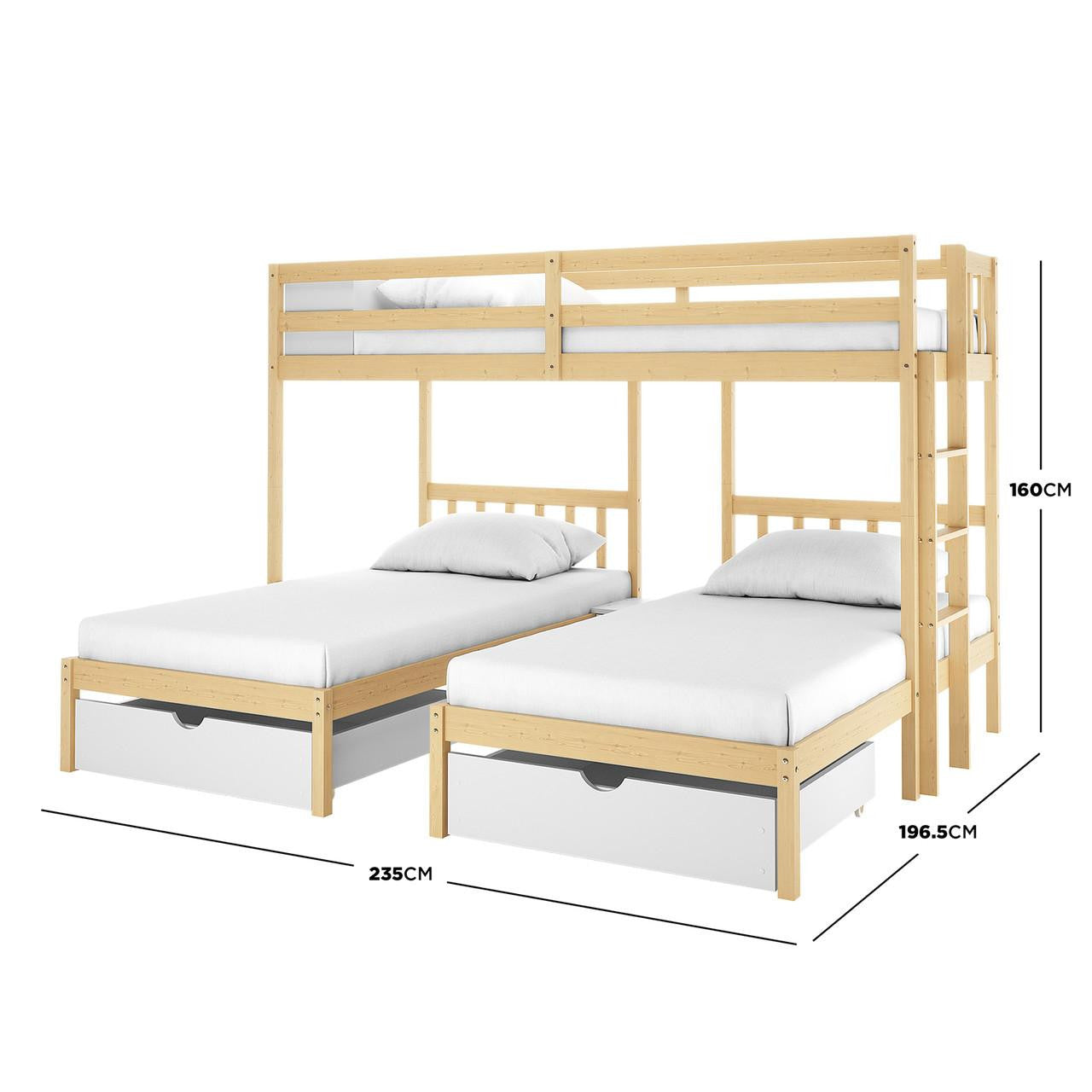 Aristos Triple Bunk Bed with Side Table - White Natural