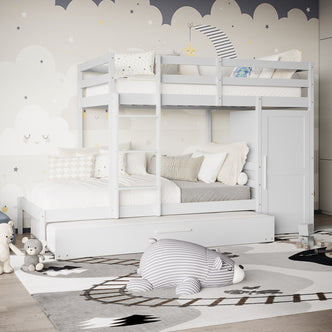 Aron Bunk Bed with Thermis Mattress - White, featuring a loft-style design with a full-size lower bed, trundle, and ladder, against a playful cloud-themed mural, ideal for a cozy children's room.