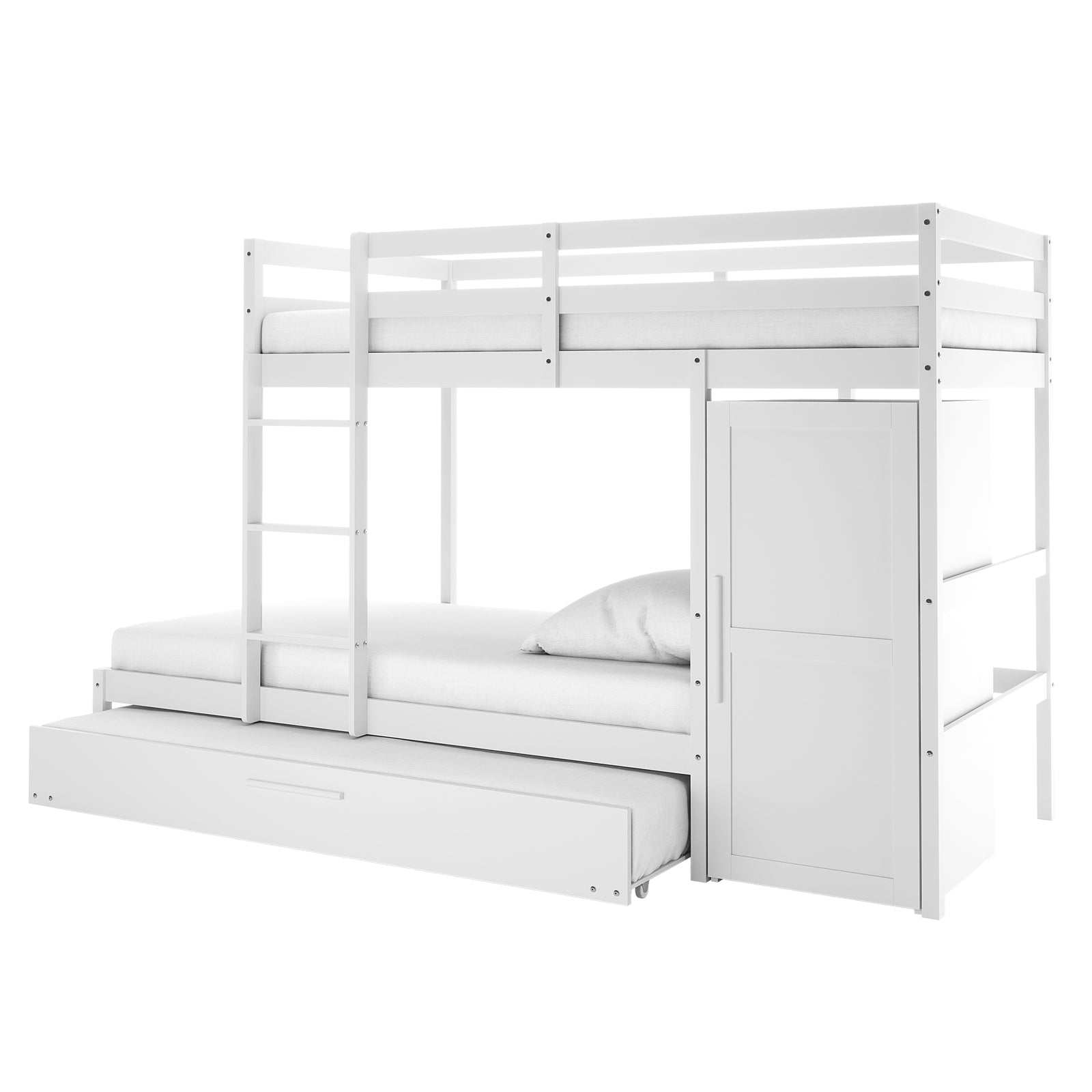 Aron Bunk Bed with Thermis Mattress - White features a wooden structure with an upper bunk guardrails, side ladder, lower bunk, pull-out trundle, and right-side storage cabinet, maximizing space and functionality.