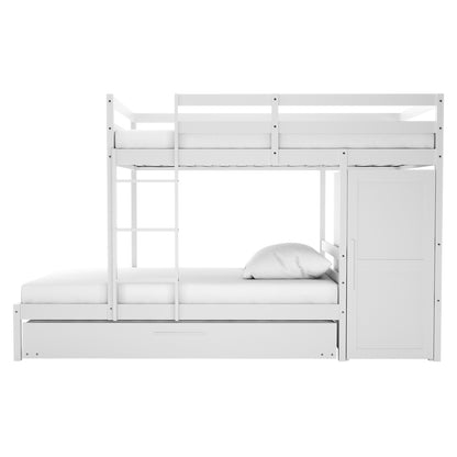Aron Bunk Bed with Thermis Mattress - White features a triple-bunk setup with guardrails, ladder, perpendicular middle bunk, pull-out trundle, and integrated wardrobe, offering versatile, space-saving functionality for children's bedrooms.