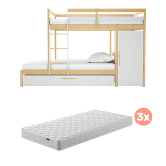 Aron Bunk Bed with Thermis Mattress - White/Natural: Light-wood and white two-tier bunk bed with integrated storage wardrobe and pull-out trundle drawer beneath, complemented by three standalone mattresses included.