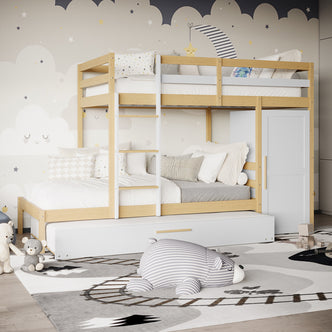 Aron & Thermis Bunk Bed & Mattress Set in White & Natural features a two-level light pine bed with a trundle, ladder, and guardrails, complemented by plush accessories and playful wallpaper.