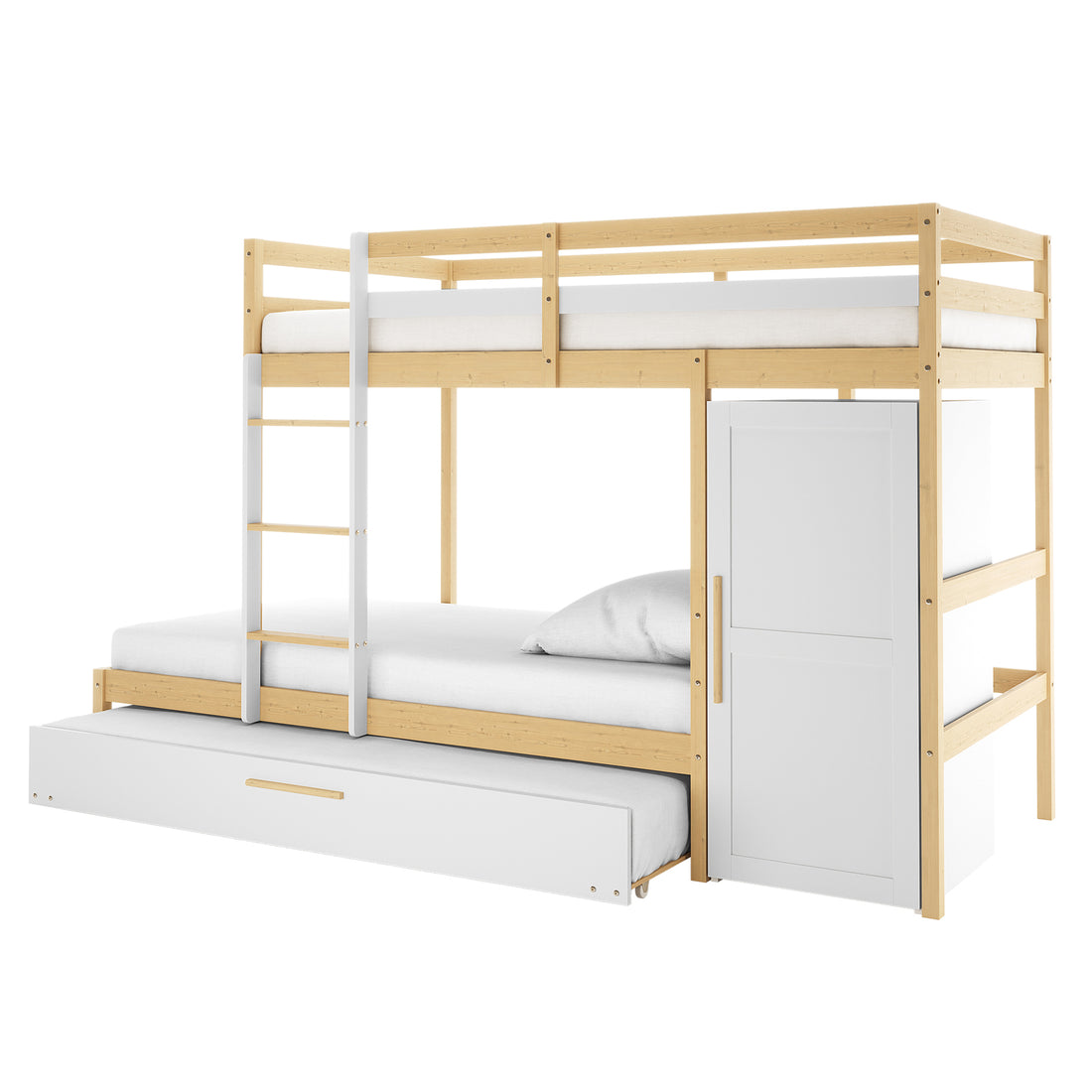 Aron Bunk Bed with Thermis Mattress - White/Natural features a multi-level design with three sleeping surfaces, a left-side ladder, and right-side storage, offering space-saving functionality and comfort.