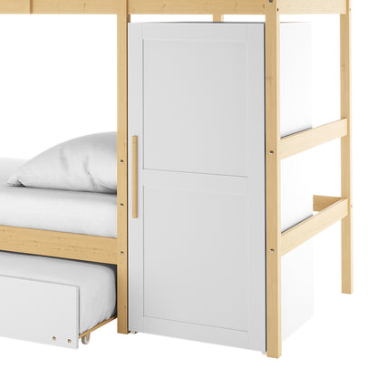 Aron Bunk Bed with Thermis Mattress - White/Natural features a wooden-frame design, top bunk with mattress, integrated tall wardrobe, and lower bunk with pull-out trundle, maximizing bedroom space.