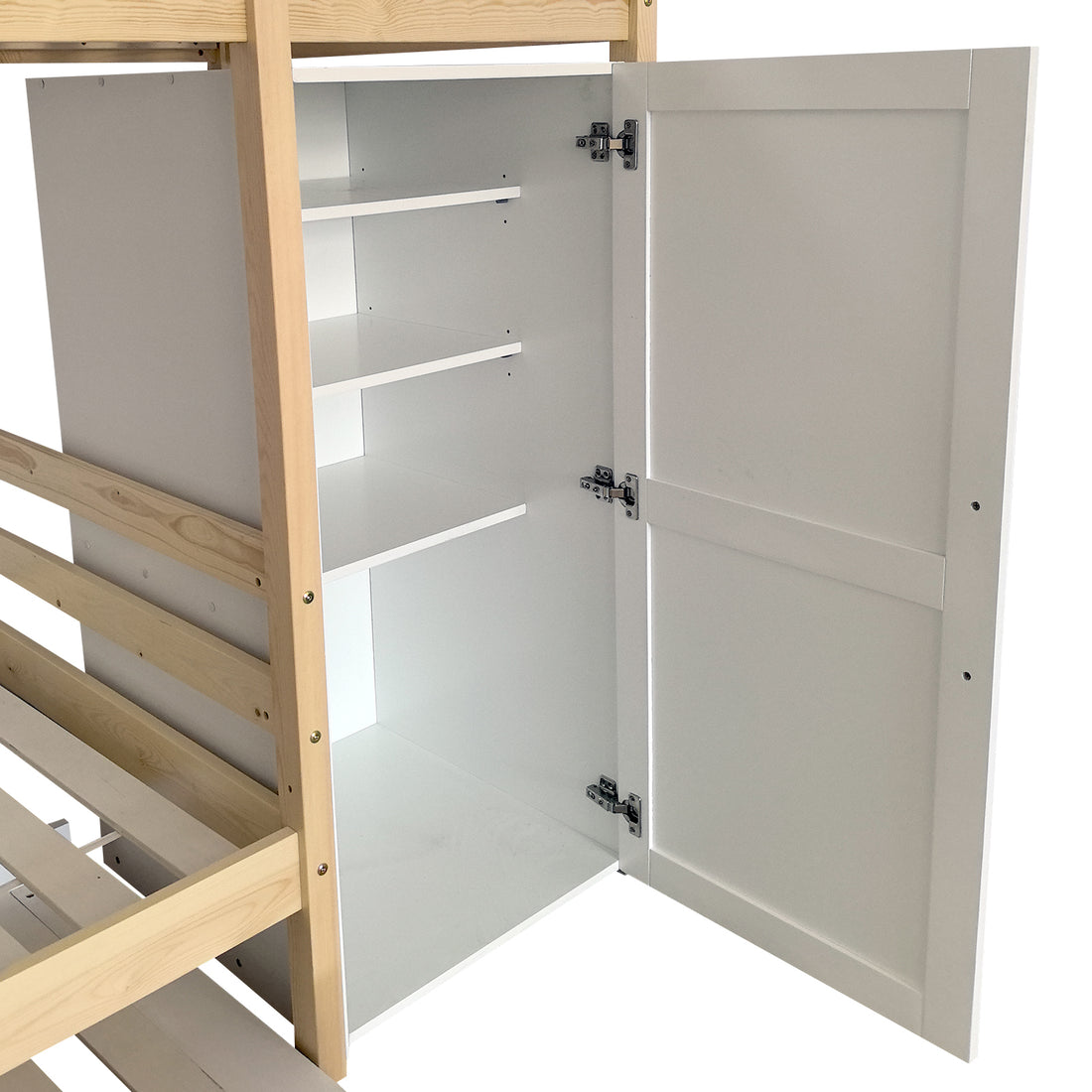 Aron Bunk Bed with Thermis Mattress - White/Natural features an unfinished pine bunk bed frame with an attached white cabinet. Right cabinet door open, showing three empty adjustable shelves.
