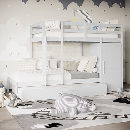 Aron Single Storage Bunk Bed with Trundle in White in a child’s room, featuring a loft-style design, pull-out drawer, neutral linens, star-patterned pillows, and adjacent cabinet for organized storage.