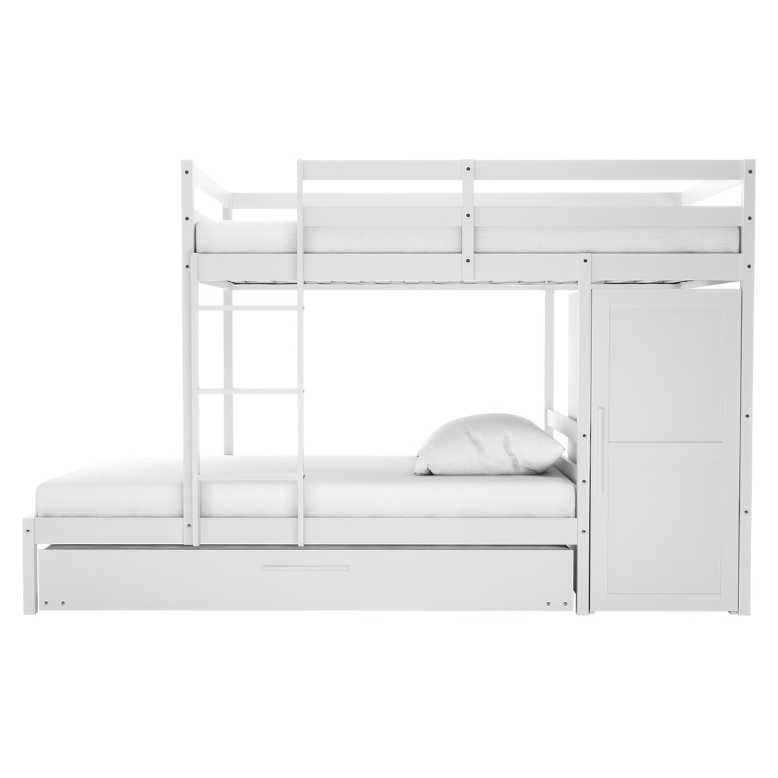 Aron Single Storage Bunk Bed with Trundle in White featuring two bunks, safety rails, a ladder, and built-in cabinet. Includes a pull-out trundle drawer, ideal for maximizing space and functionality.
