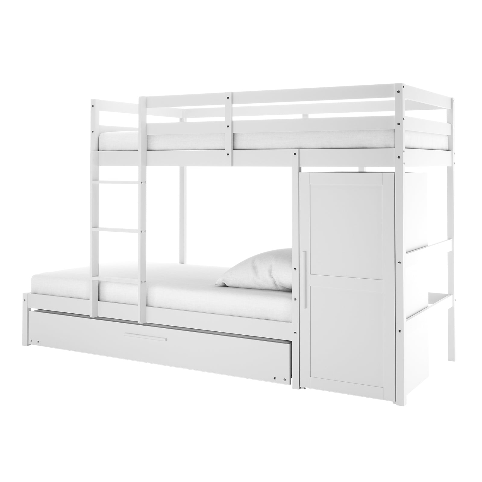 Aron Single Storage Bunk Bed with Trundle in White features a bunk with upper guardrails, integrated ladder, lower bed, pull-out trundle, and side cabinet for storage, maximizing space and functionality.