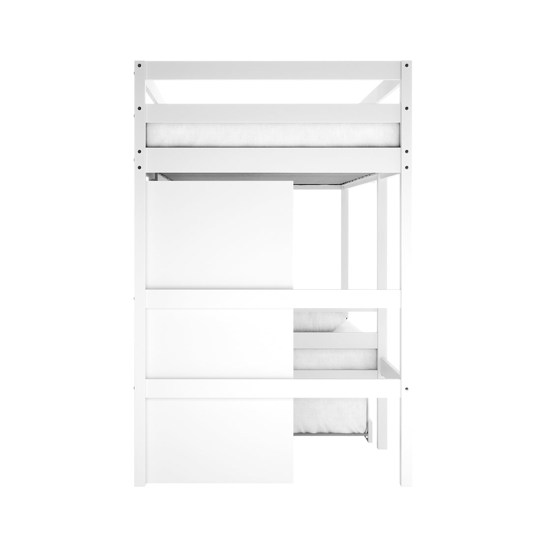 Aron Single Storage Bunk Bed with Trundle in White, featuring a triple-stacked design with guardrails, built-in cabinet storage, and slatted supports. Ideal for maximizing space and functionality in bedrooms.