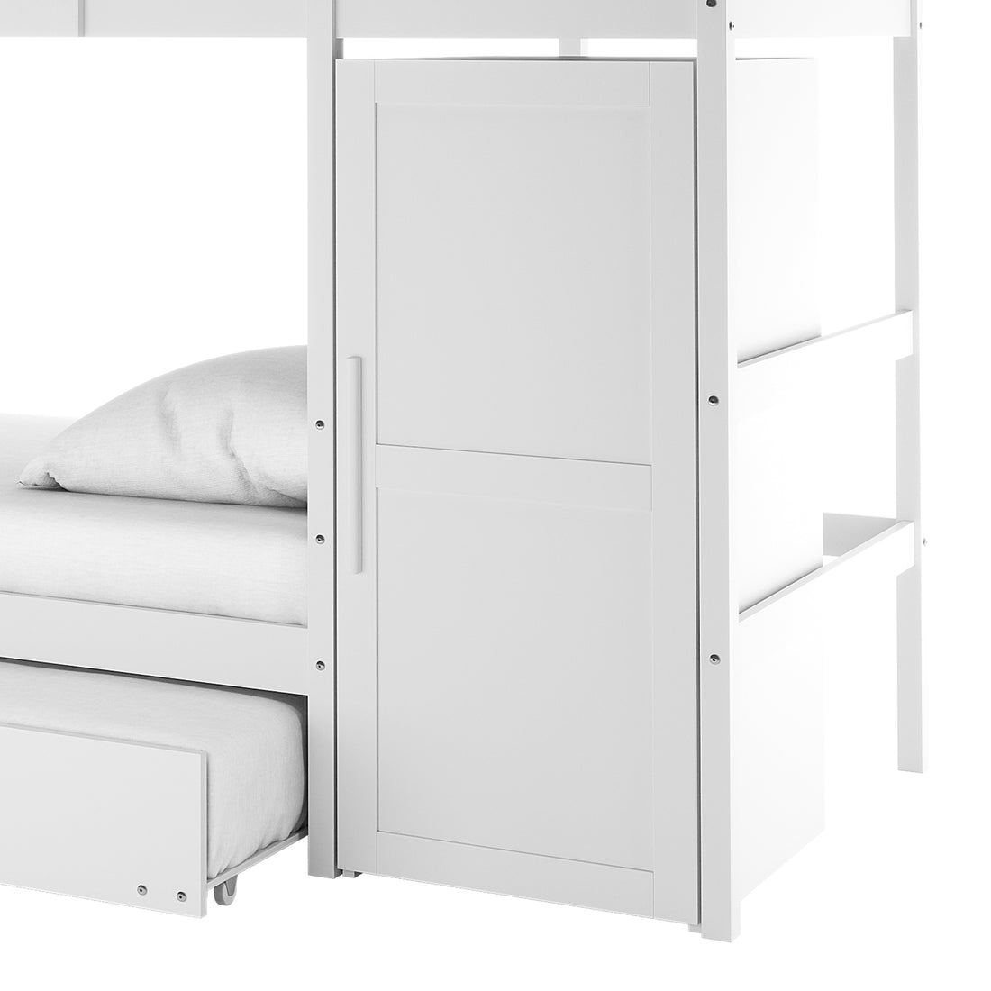 Aron Single Storage Bunk Bed with Trundle in White features a pull-out trundle bed, upper bunk, integrated cupboard, and open shelving for efficient space use and storage, perfect for compact bedrooms.