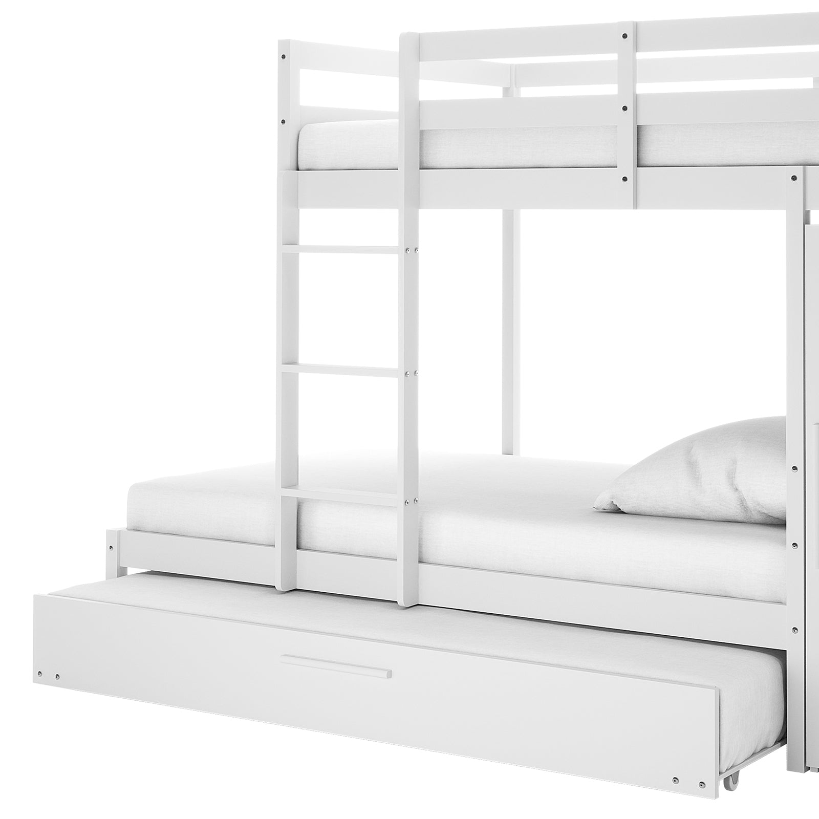 Aron Single Storage Bunk Bed with Trundle in White, featuring triple sleeping surfaces, guardrails, built-in ladder, and pull-out trundle on wheels, designed for space-saving functionality and modern bedroom appeal.
