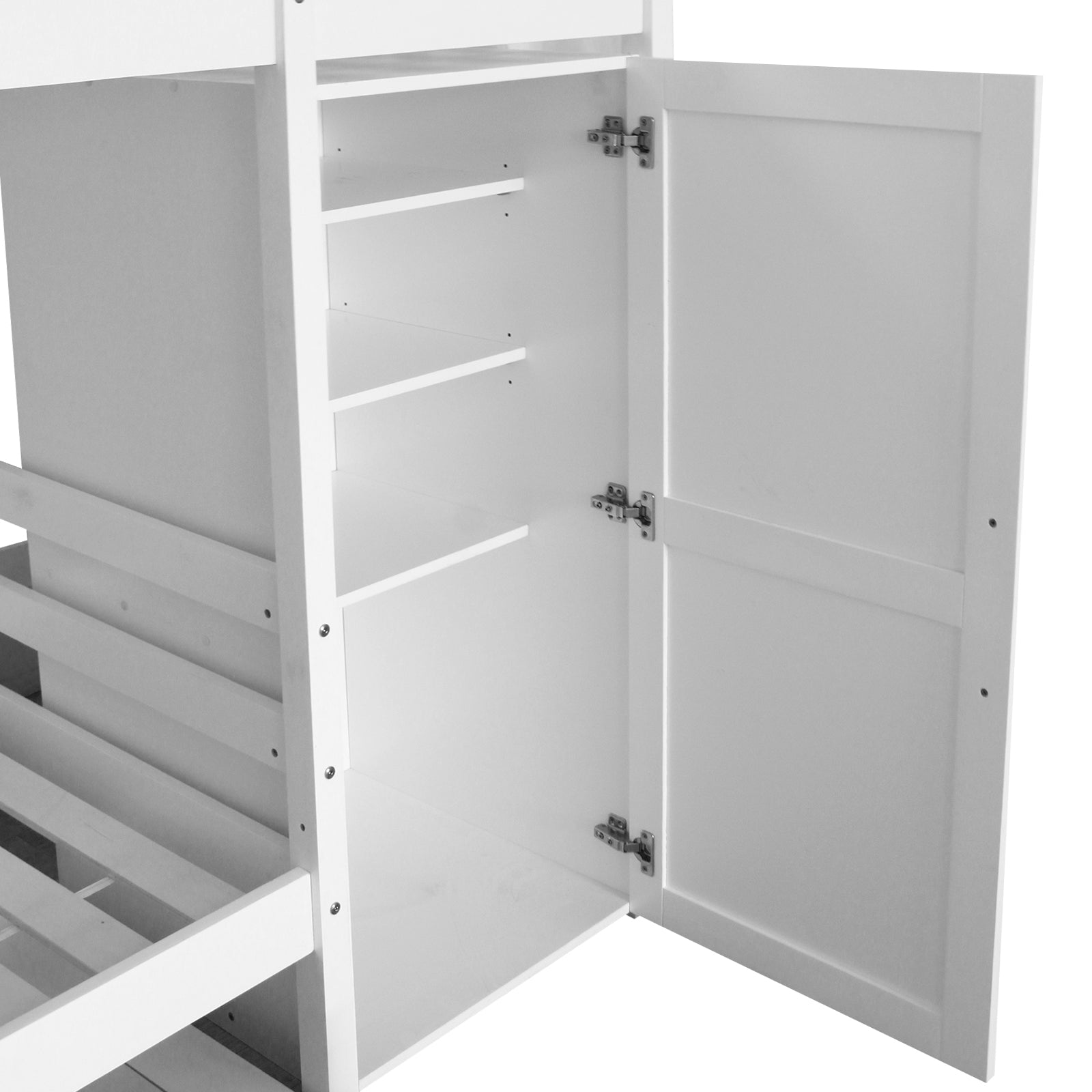 Aron Single Storage Bunk Bed with Trundle in White features a slatted frame, railings, and an open side cabinet with empty shelves, showcasing its space-saving design and functional storage.