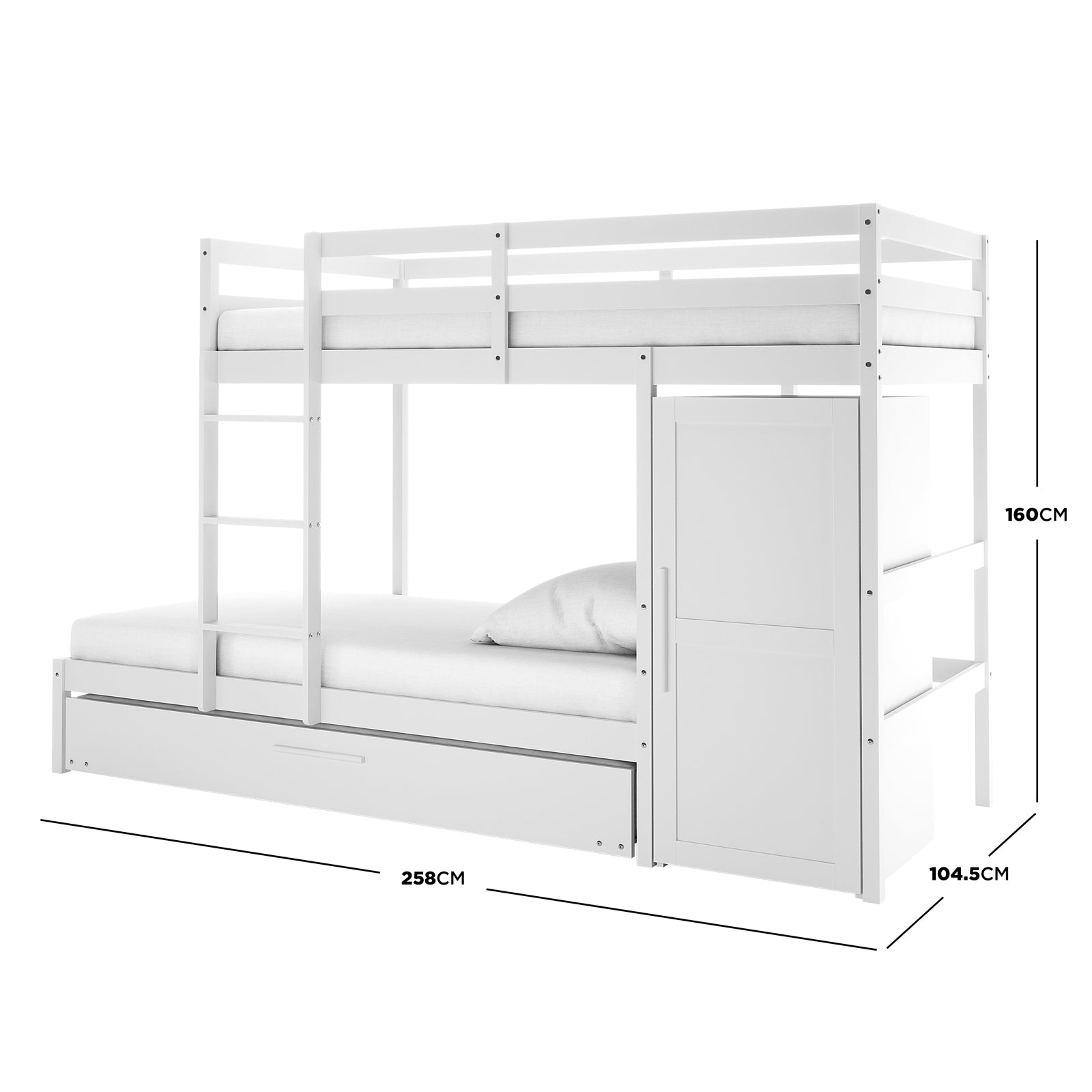Aron Single Storage Bunk Bed with Trundle in White features a raised upper bunk with guardrails, a lower bed, built-in cabinet storage, pull-out trundle, and fixed ladder, maximizing space and functionality.