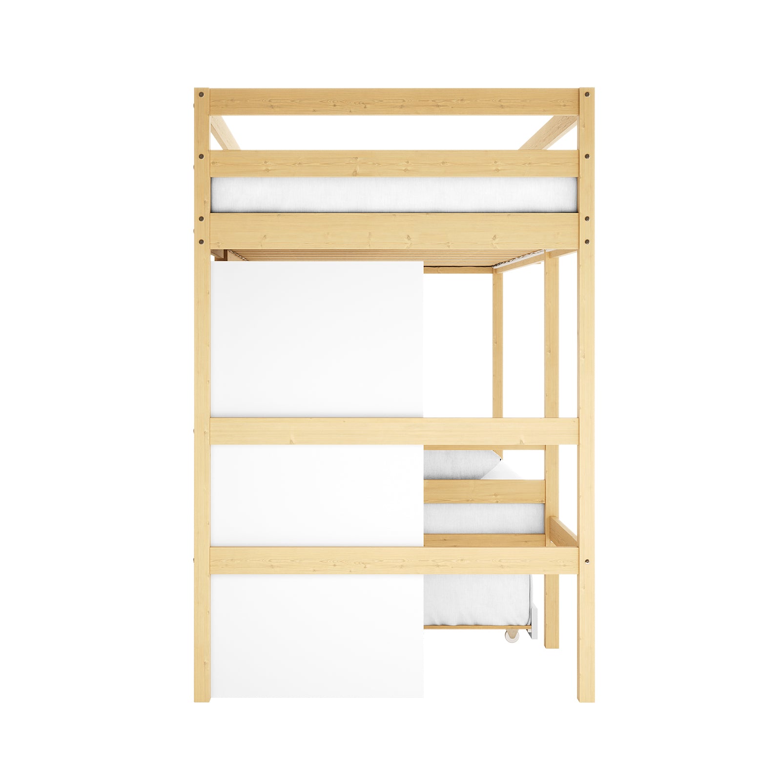 Aron Single Storage Bunk Bed with Trundle in Natural, featuring light wood, upper guardrails, lower sliding panels, visible mattresses, and built-in cabinet for storage, offering stylish, space-efficient sleeping solutions.