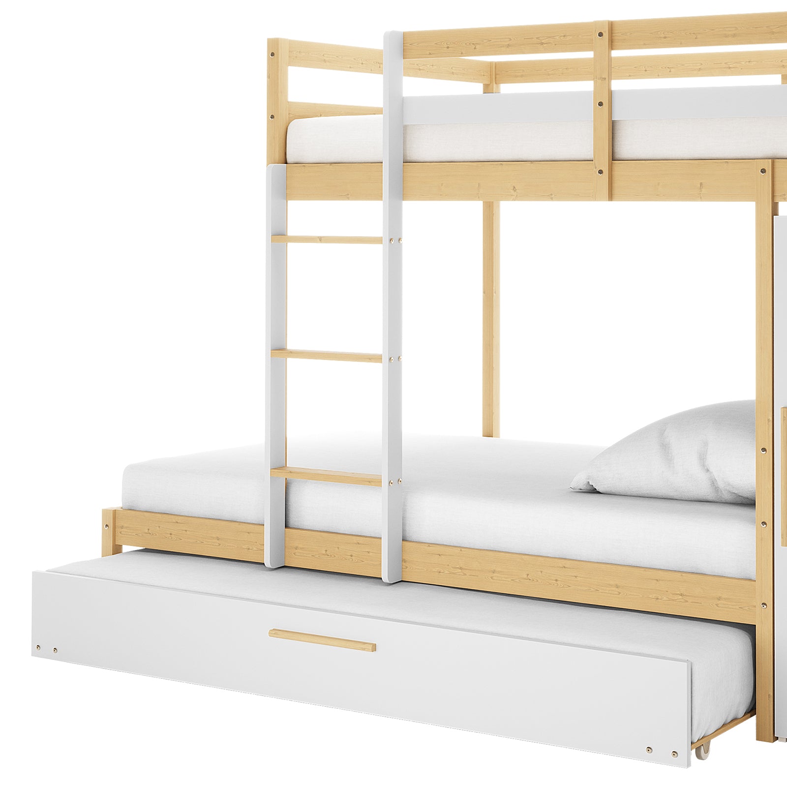 Aron Single Storage Bunk Bed with Trundle in Natural features a light-wood, white-finished setup, stacked sleeping platforms, central ladder, and pull-out trundle drawer, photographed against a plain white background.