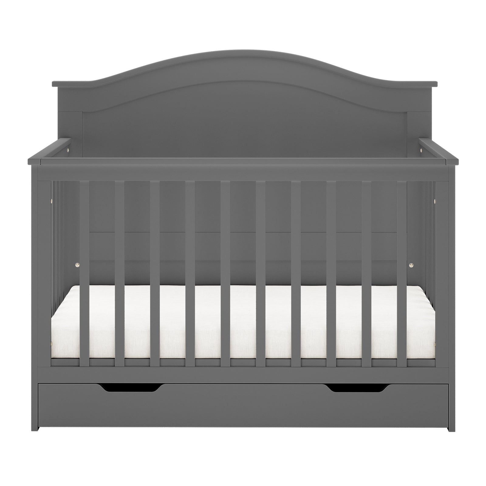 Azeem & Giro Solid Pine Baby Cot with Convertible Rail Set Grey features vertical slats, an arched headboard, white mattress, and a built-in drawer, showcasing a versatile 3-in-1 design.