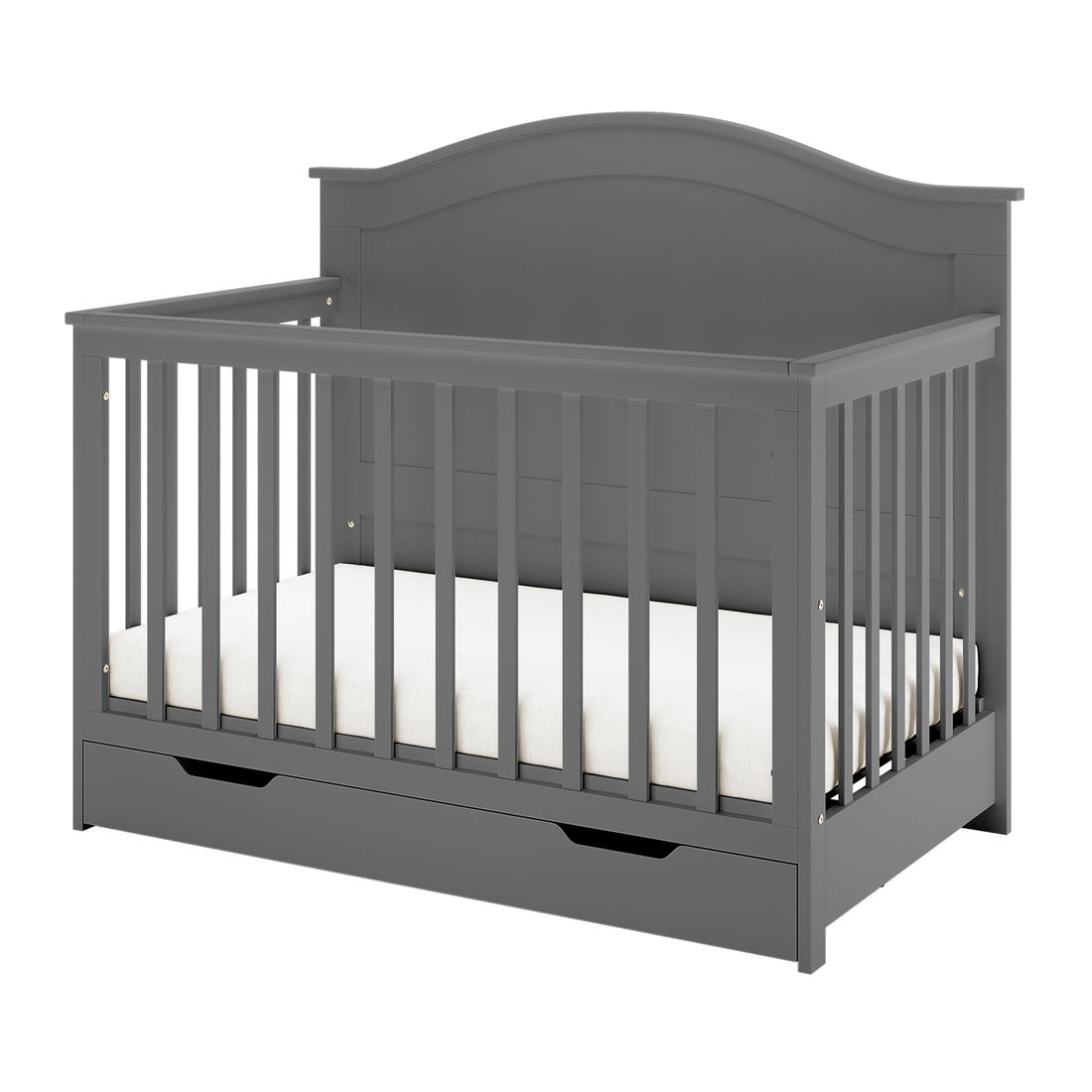 Azeem & Giro Solid Pine Baby Cot with Convertible Rail Set Grey features an arched headboard, vertical slatted sides, low front rail, and built-in storage drawer, offering versatile functionality.