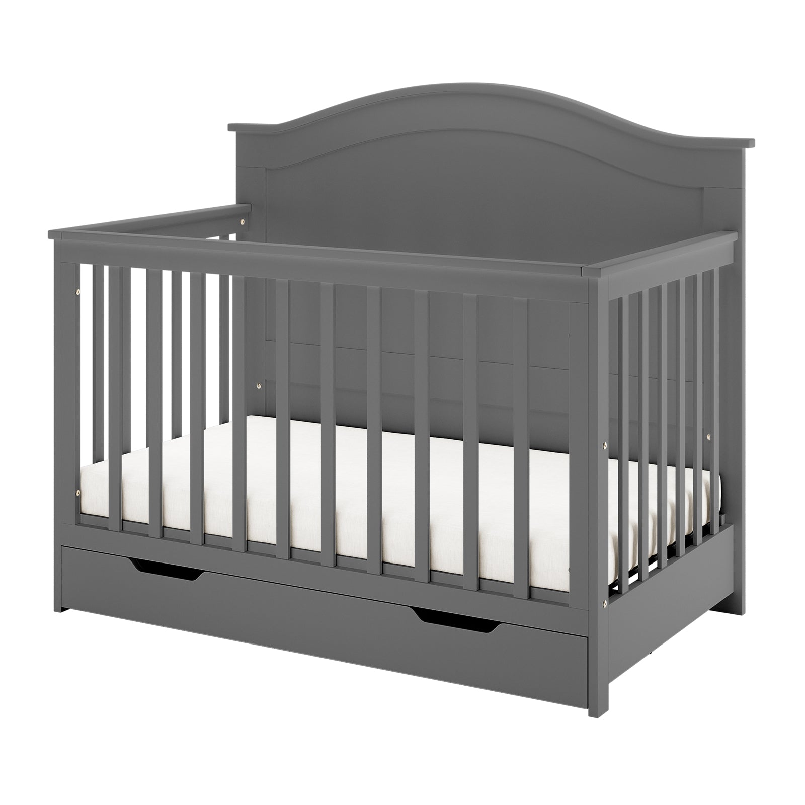 Azeem & Giro Solid Pine Baby Cot with Convertible Rail Set Grey features an arched headboard, vertical slatted sides, low front rail, and built-in storage drawer, offering versatile functionality.