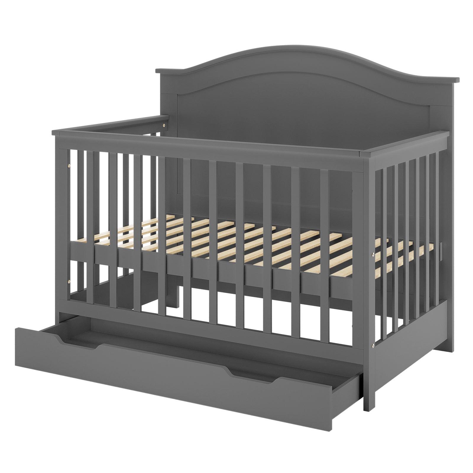 Azeem & Giro Solid Pine Baby Cot with Convertible Rail Set Grey features a gray wooden frame, slatted sides, a curved headboard, and a convenient pull-out storage drawer at the base.