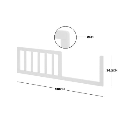 Azeem & Giro Baby Cot with Gydas 10cm Nursery Mattress shown with a white guard-rail, 130cm length, 36.2cm height, and 2cm thickness, featuring vertical slats and end-posts for safety.