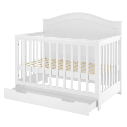 Azeem & Giro Baby Cot features vertical slats, a curved headboard, mattress-support slats, and a full-width drawer. Paired with the Gydas 10cm Nursery Mattress, it ensures comfort and security.