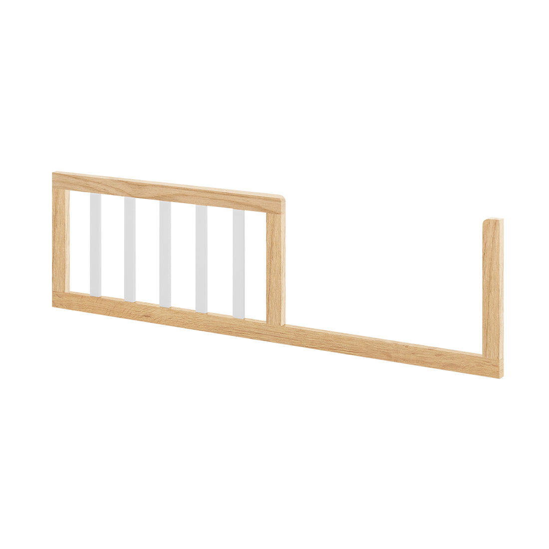 Azeem & Giro Solid Pine Baby Cot with Convertible Rail Set, featuring a wooden side rail with oak-tone top and bottom rails and vertical slats, designed to prevent toddlers from rolling out.