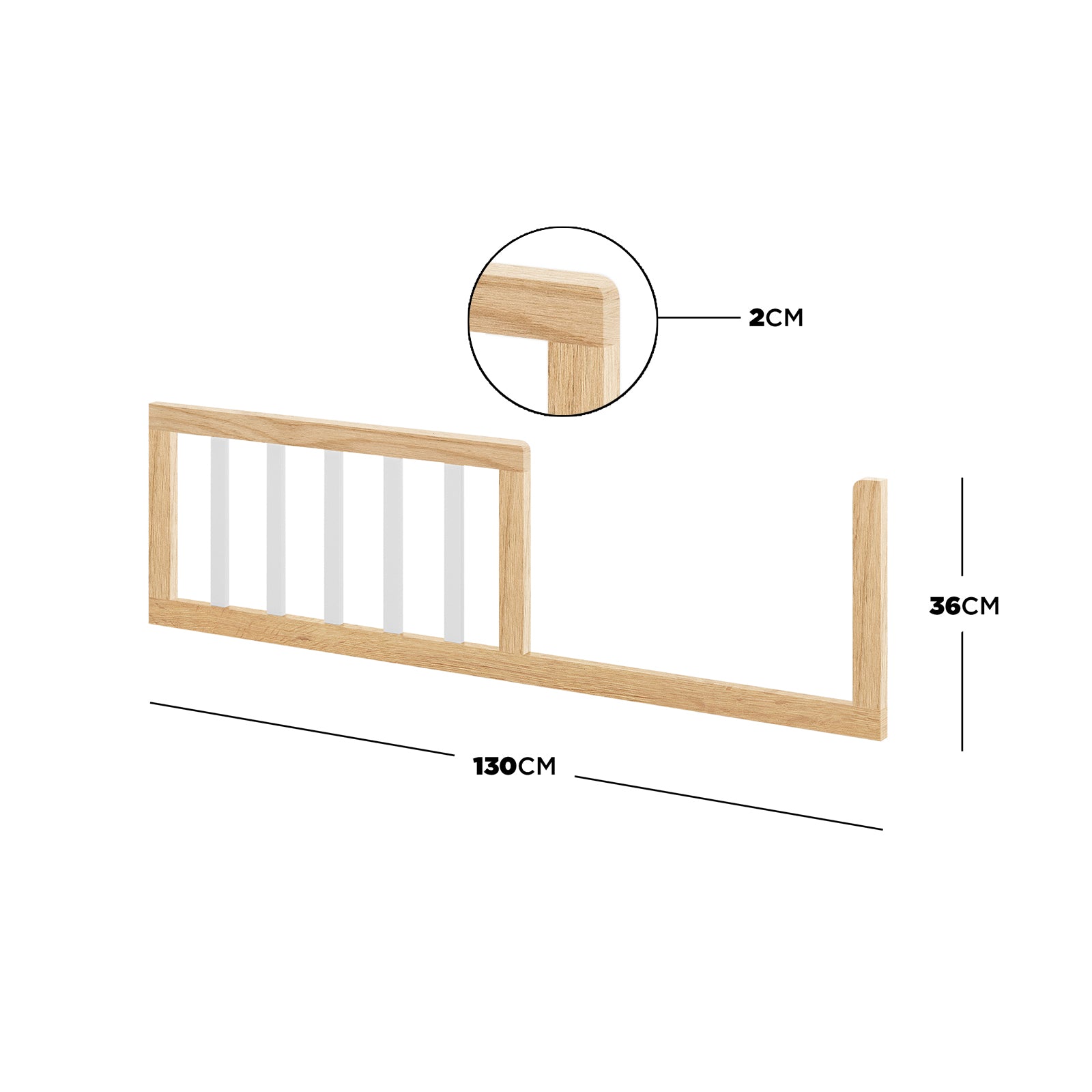 Azeem & Giro Solid Pine Baby Cot with Convertible Rail Set features a 130 cm wooden side-rail with five vertical bars, designed for cot conversion, ensuring safety and adaptability as your child grows.